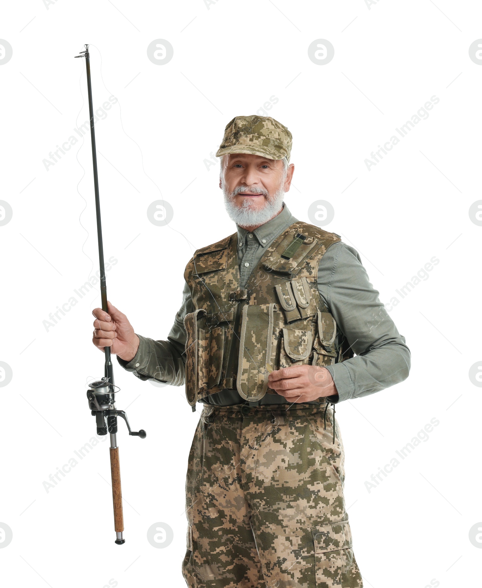 Photo of Fisherman with fishing rod on white background