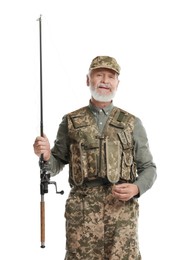 Photo of Fisherman with fishing rod on white background