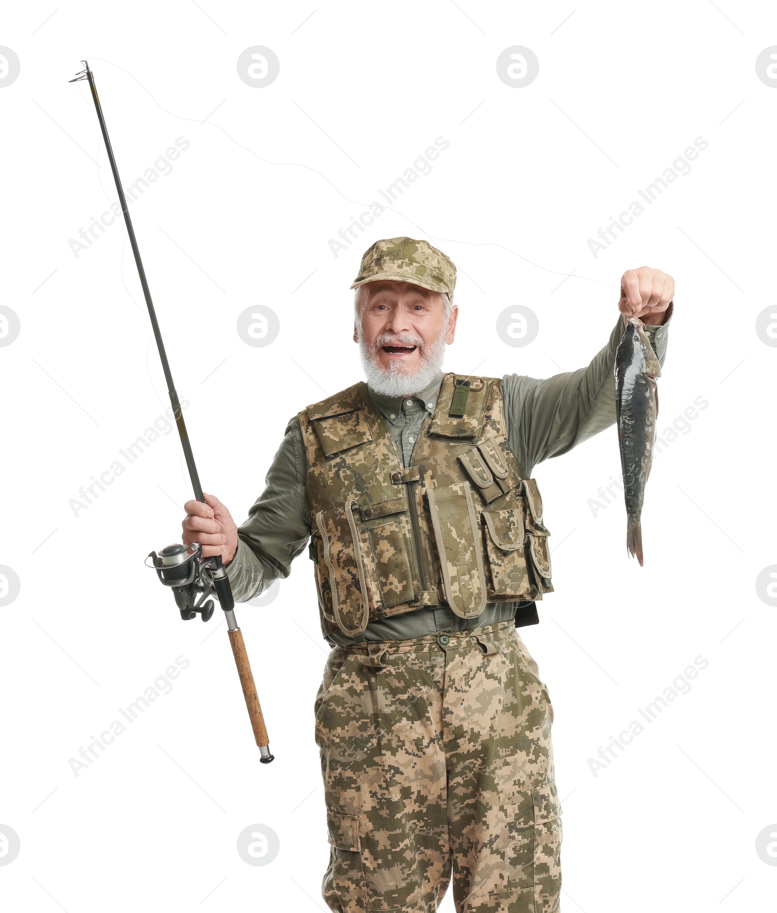 Photo of Fisherman with rod and catch on white background