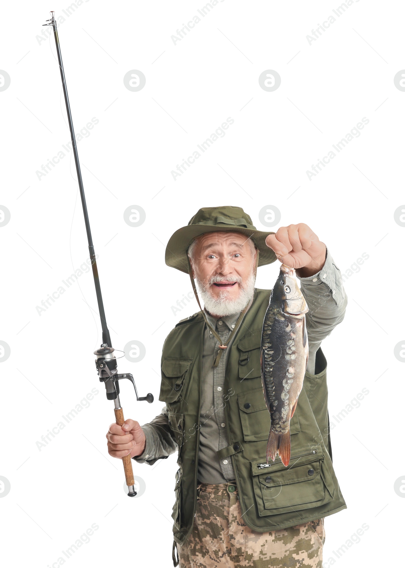 Photo of Fisherman with rod and catch on white background