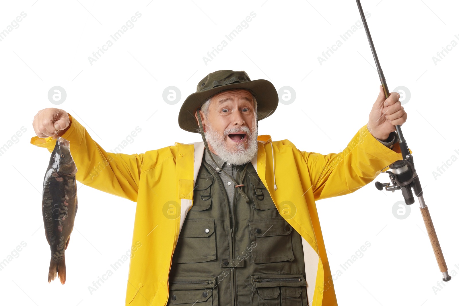 Photo of Fisherman with rod and catch on white background