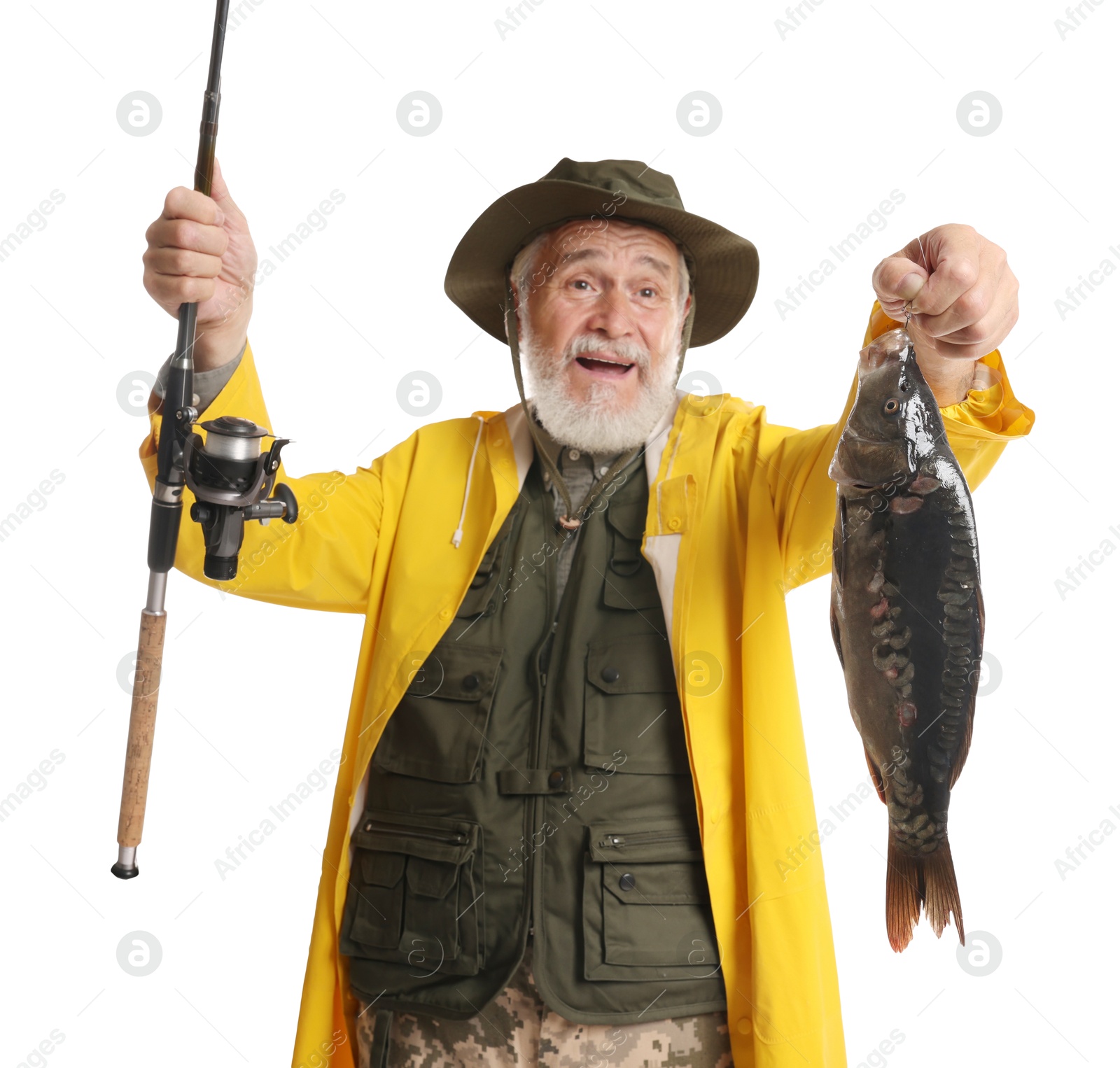 Photo of Fisherman with rod and catch on white background