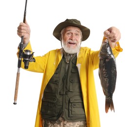 Fisherman with rod and catch on white background