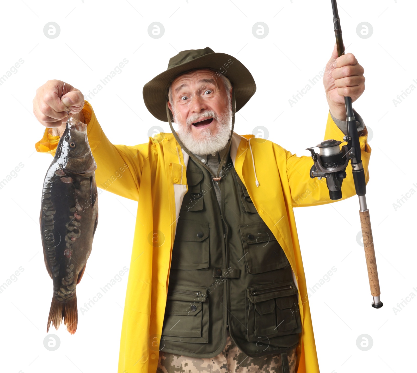 Photo of Fisherman with rod and catch on white background