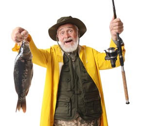 Fisherman with rod and catch on white background