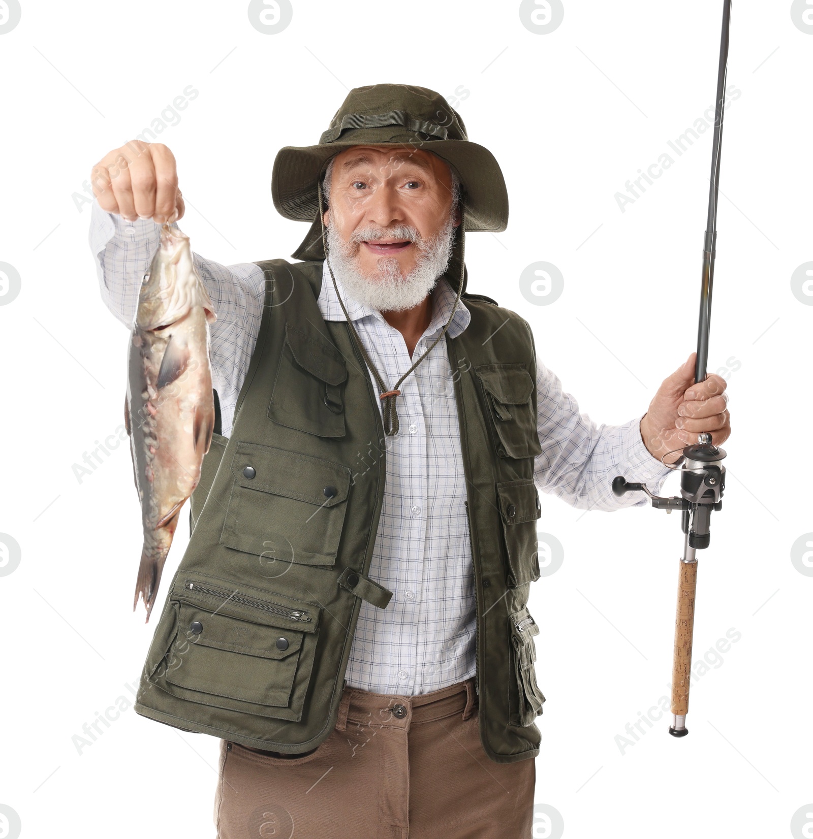 Photo of Fisherman with rod and catch on white background