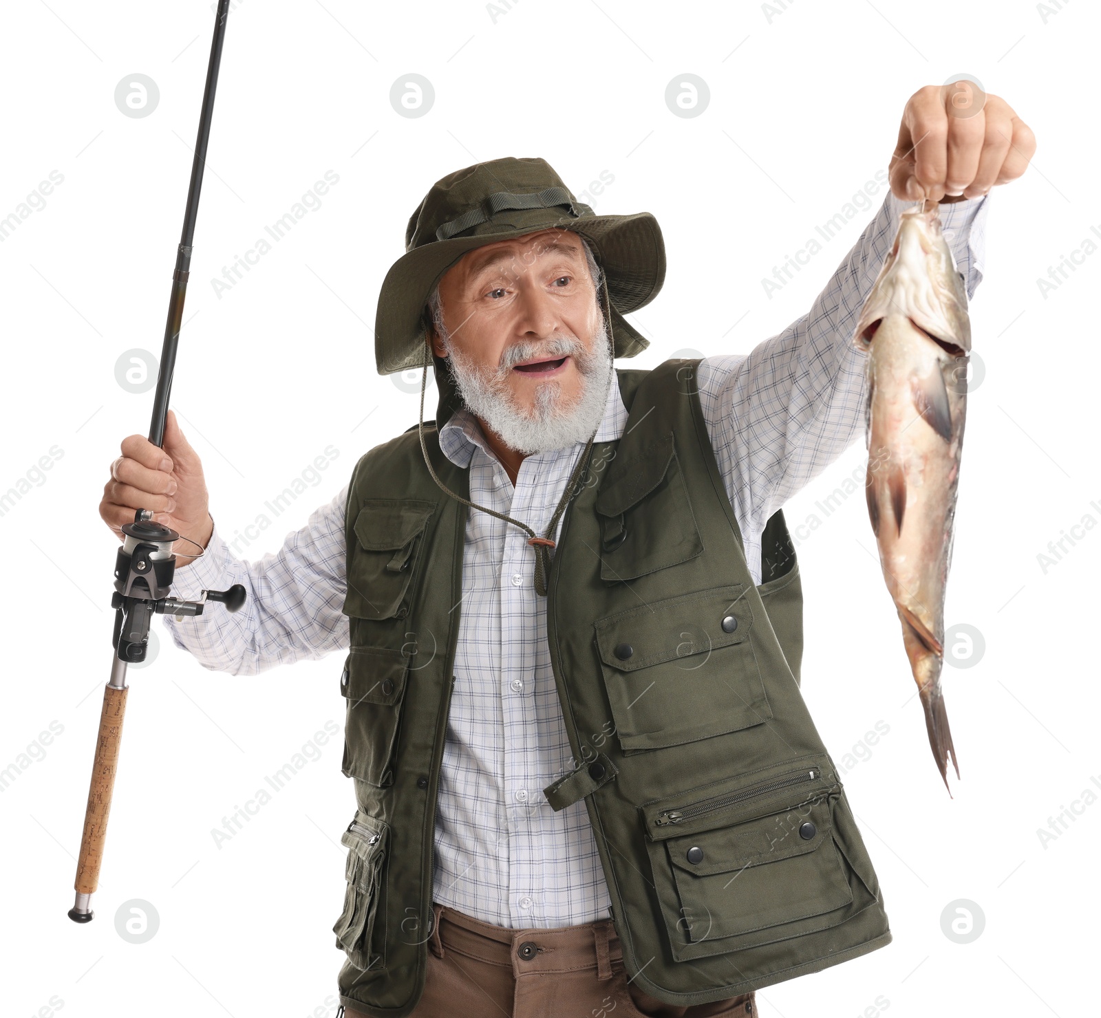 Photo of Fisherman with rod and catch on white background