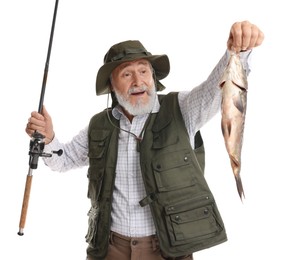 Fisherman with rod and catch on white background