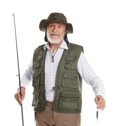 Photo of Fisherman with fishing rod on white background