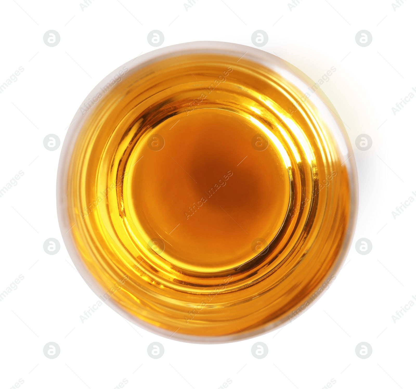 Photo of Tasty grape juice in glass isolated on white, top view