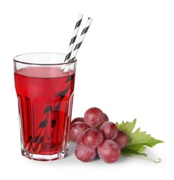 Photo of Tasty grape juice in glass, leaf and berries isolated on white