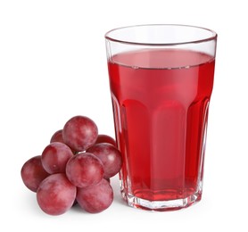 Photo of Tasty grape juice in glass and berries isolated on white