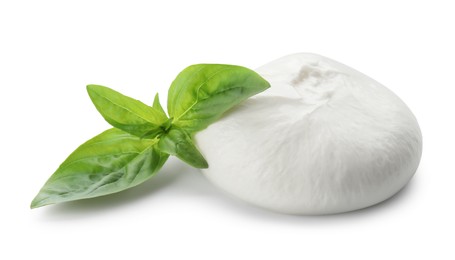 Photo of Delicious burrata cheese and basil isolated on white