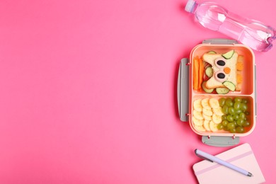 Photo of Lunch box with snacks, bottle of water and stationery on pink background, flat lay. Space for text