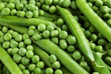 Photo of Many fresh green pods and peas as background, closeup