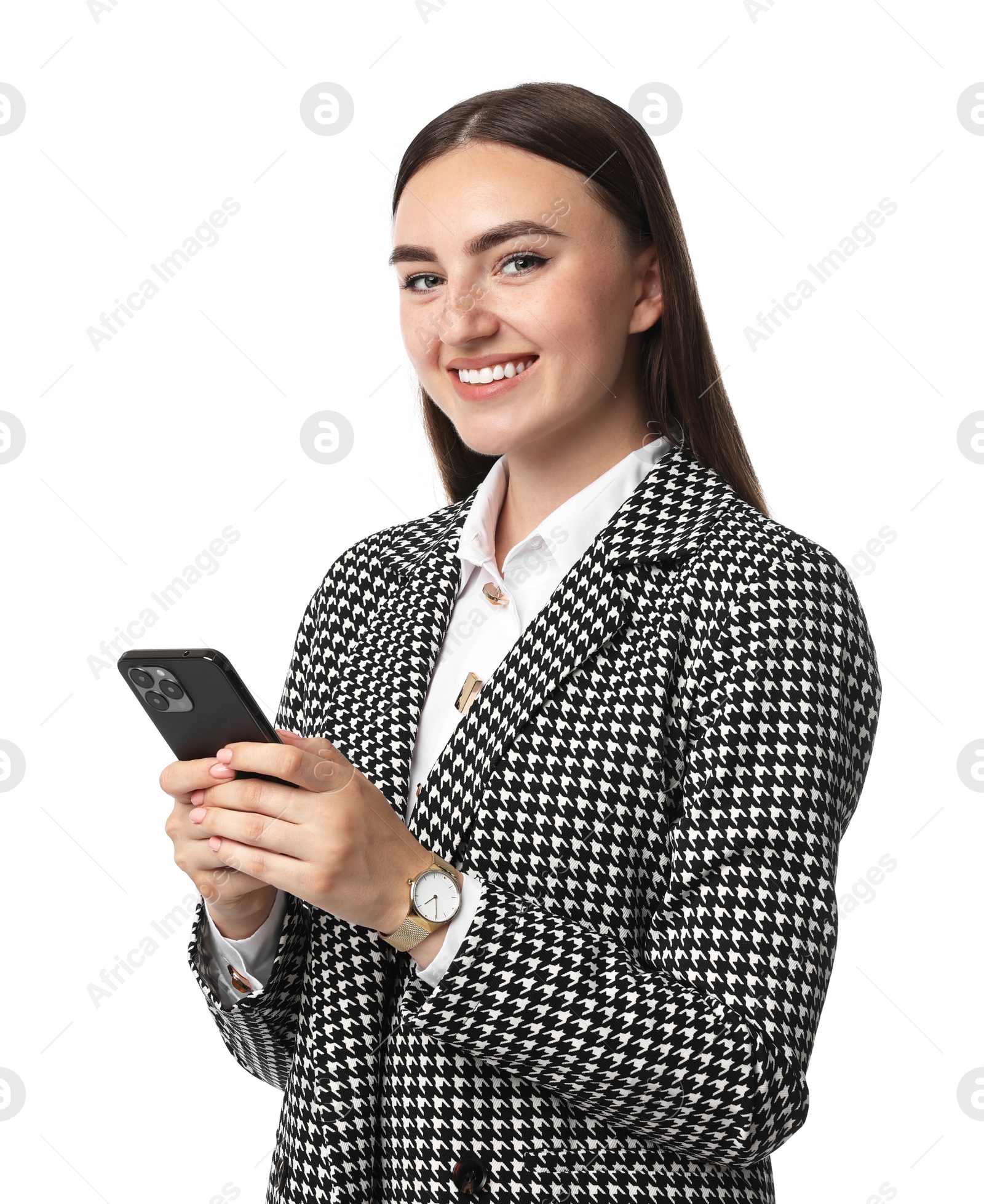 Photo of Beautiful woman in stylish suit using smartphone on white background