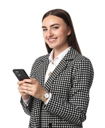 Beautiful woman in stylish suit using smartphone on white background