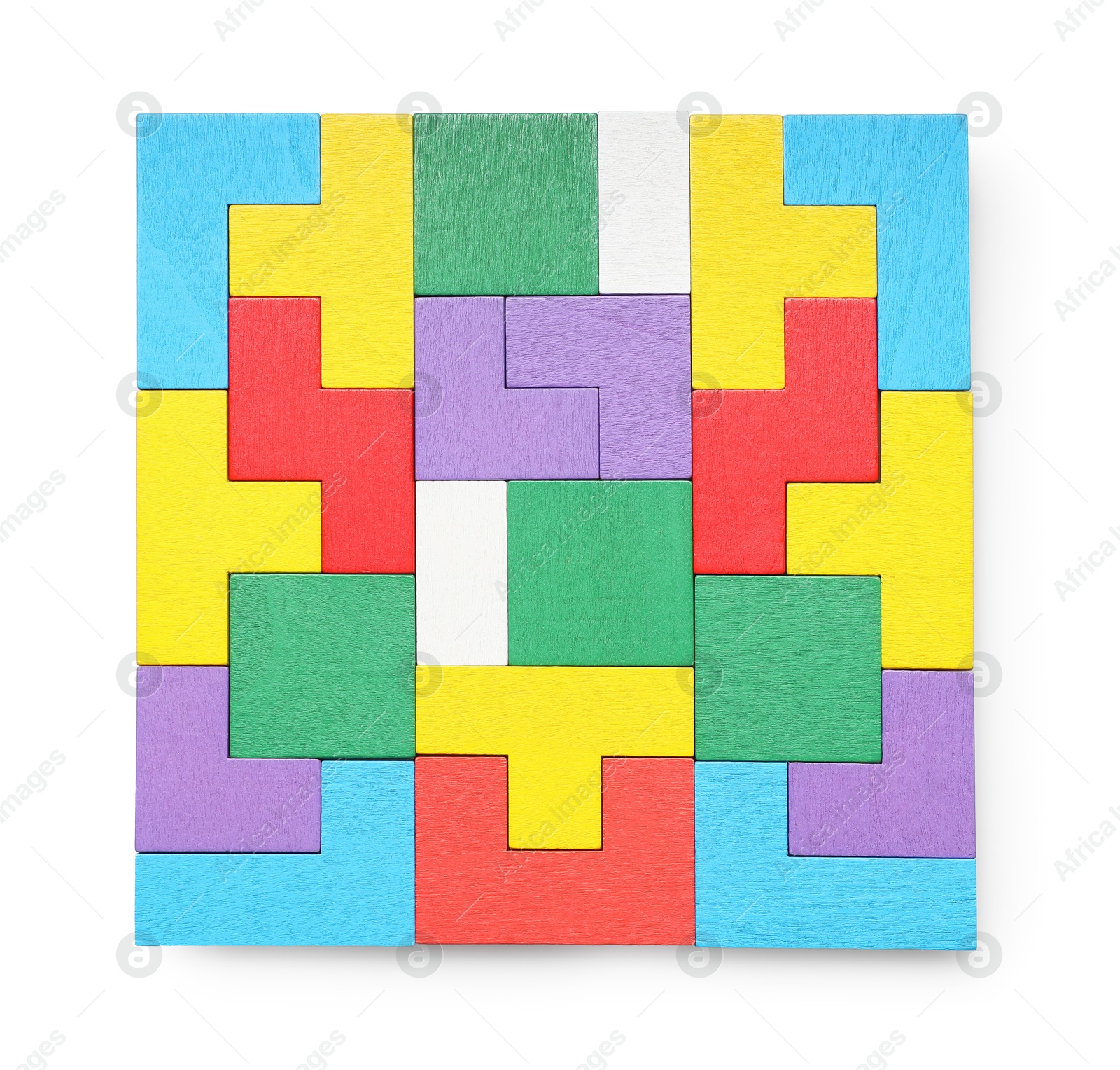 Photo of Colorful wooden puzzle pieces isolated on white, top view