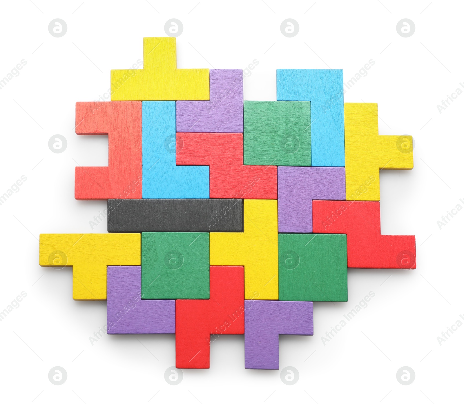 Photo of Colorful wooden puzzle pieces isolated on white, top view