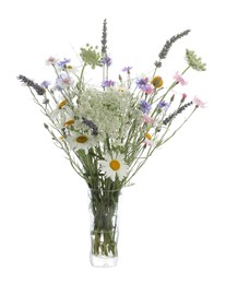 Photo of Beautiful wildflowers in vase isolated on white