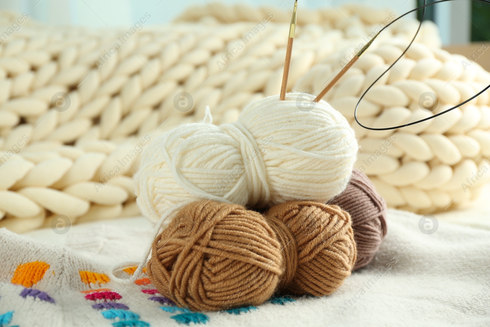 Photo of Skeins of yarn and knitting needles on soft blanket