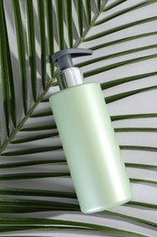 Bottle of shampoo and palm leaf on light background, top view