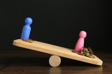 Financial inequality. Male and female figures with different amount of coins showing imbalance on scales on wooden table