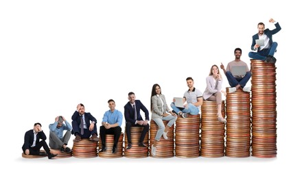 Image of People sitting on stacks of coins of different height against white background, banner design