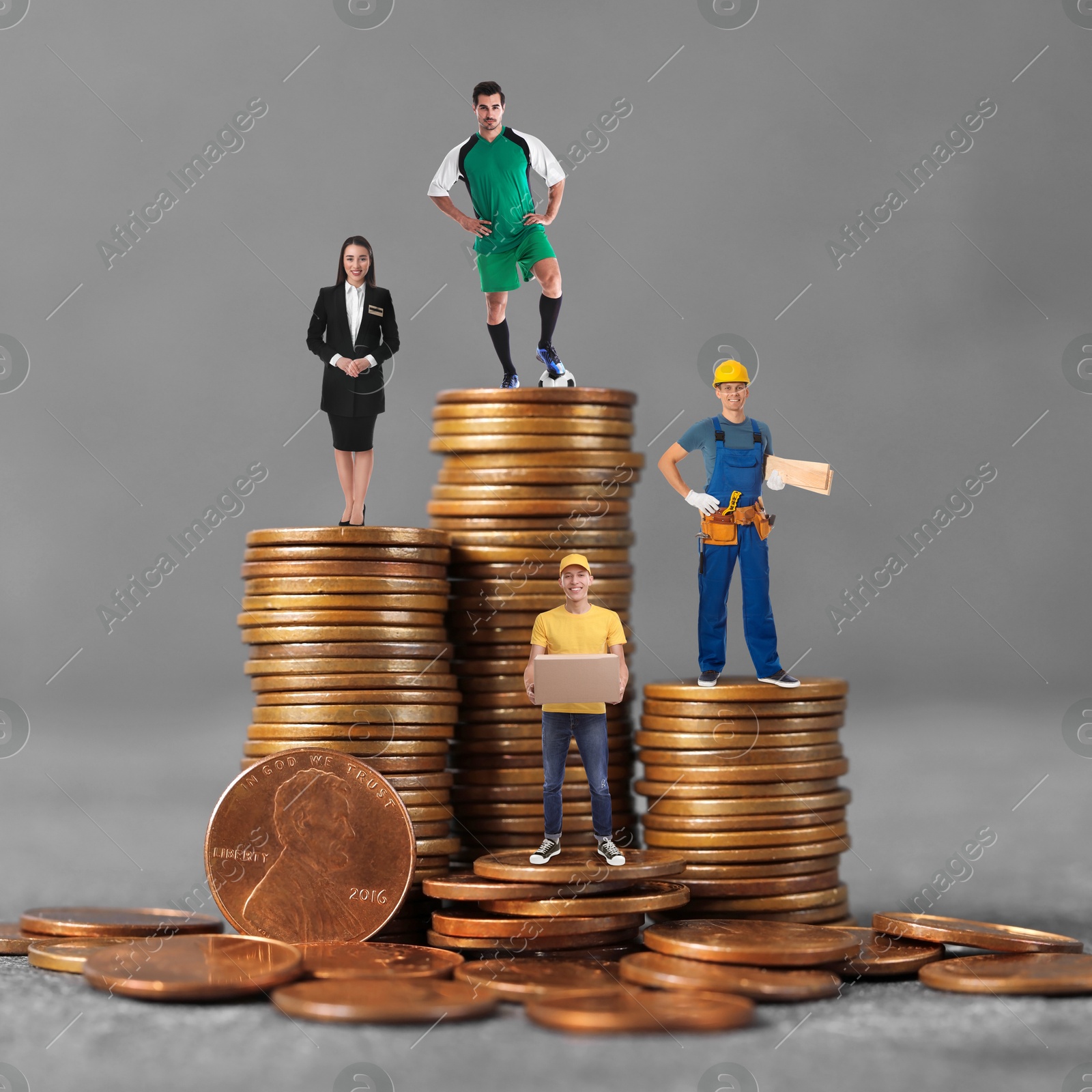 Image of People of various professions on stacks of coins of different height against grey background