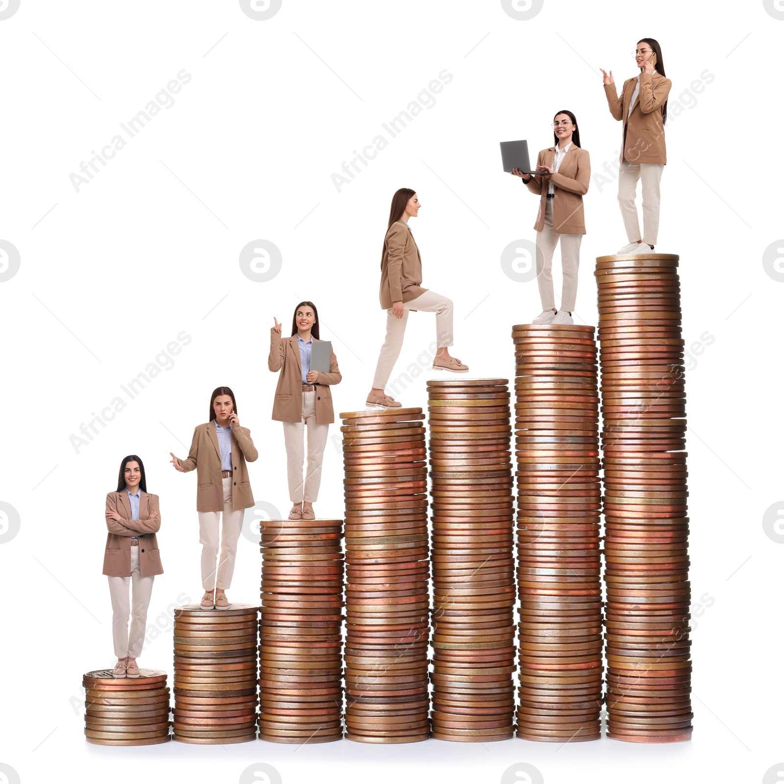 Image of Businesswoman on stacks of coins of different height against white background, collage. Way to success