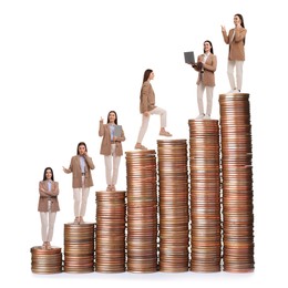 Image of Businesswoman on stacks of coins of different height against white background, collage. Way to success