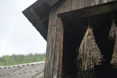 Photo of Dry wildflowers hanging in old wooden barn, closeup