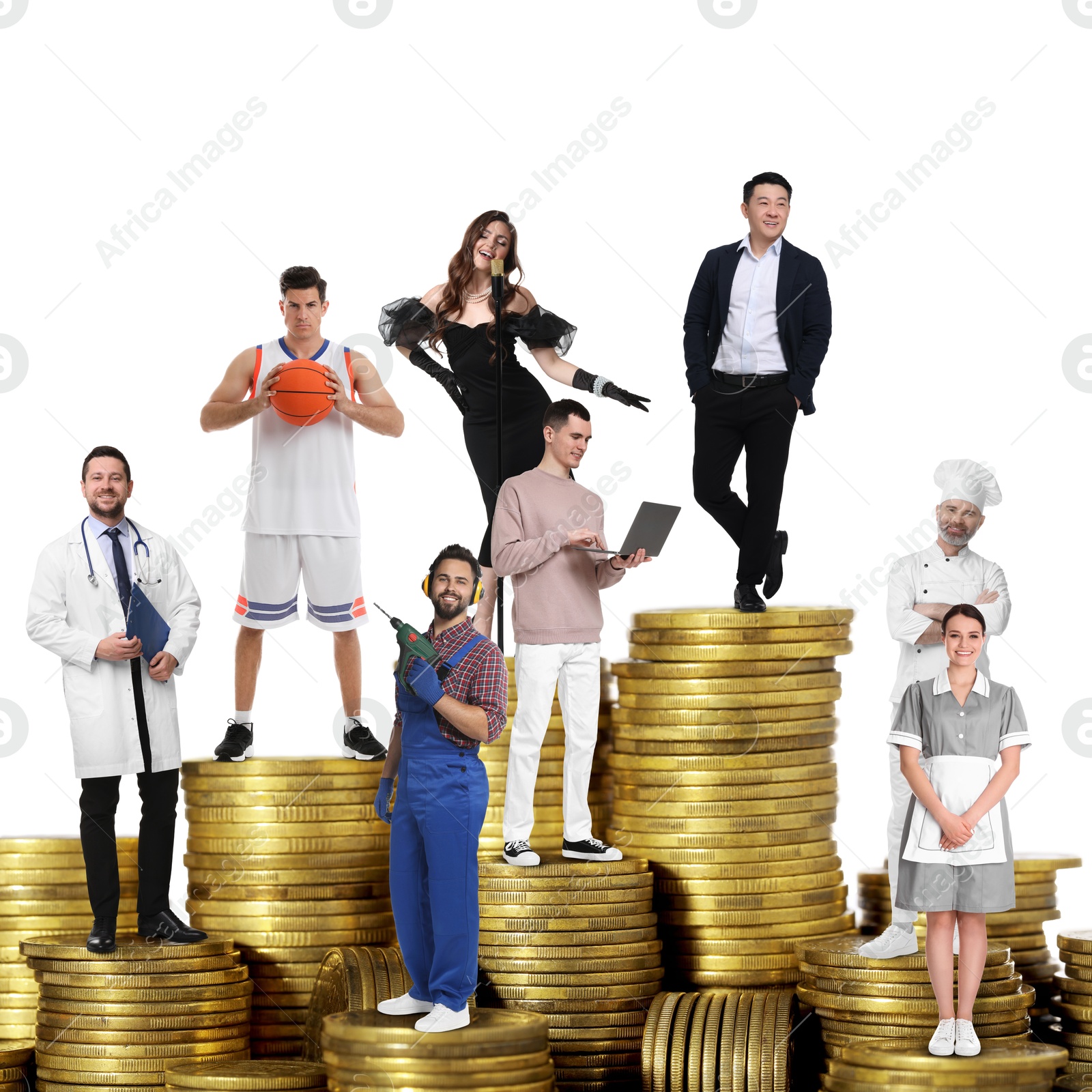 Image of People of various professions on stacks of coins of different height against white background