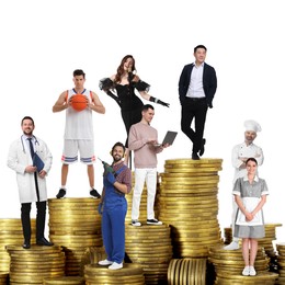 Image of People of various professions on stacks of coins of different height against white background