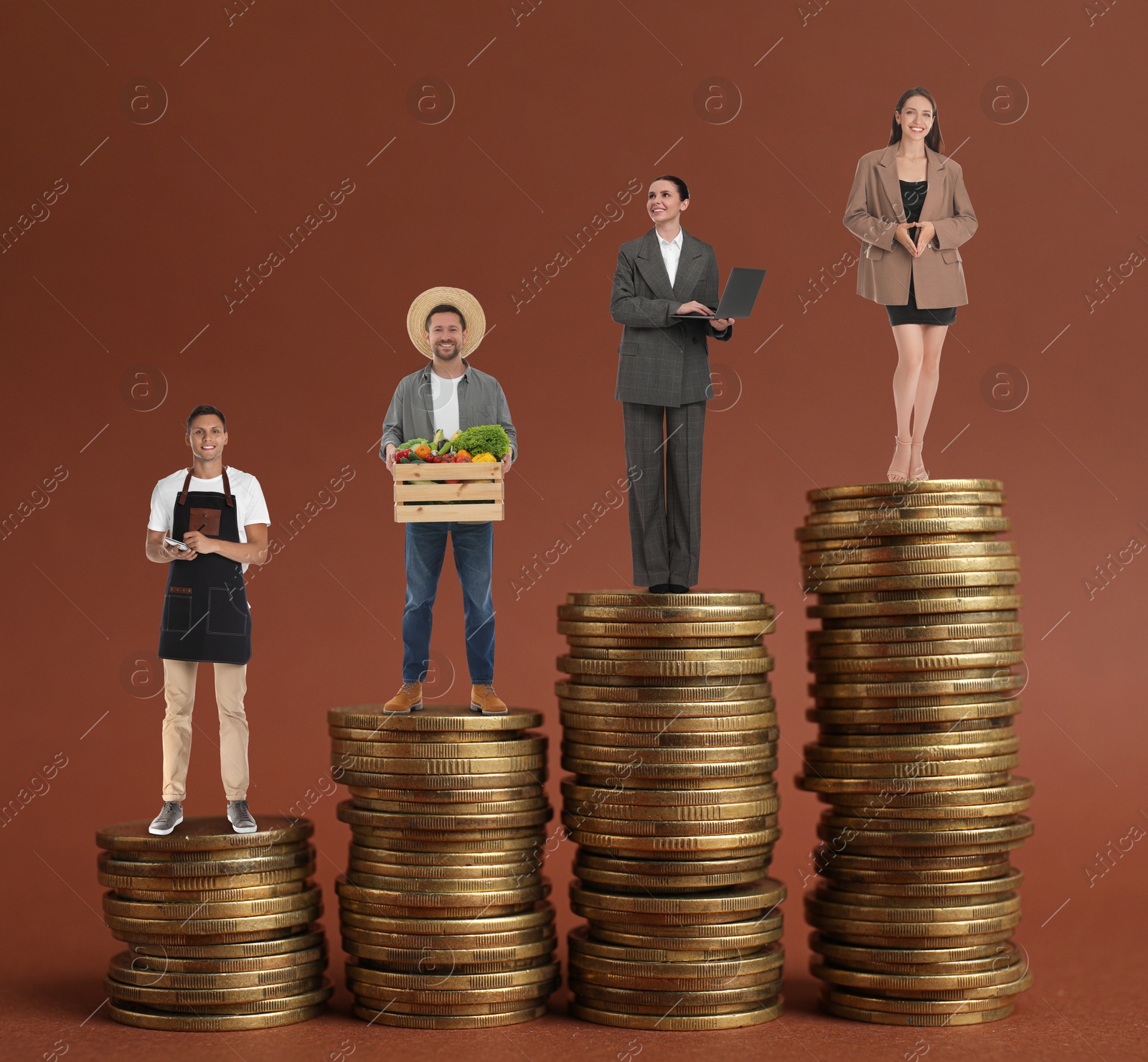 Image of People of various professions on stacks of coins of different height against brown background