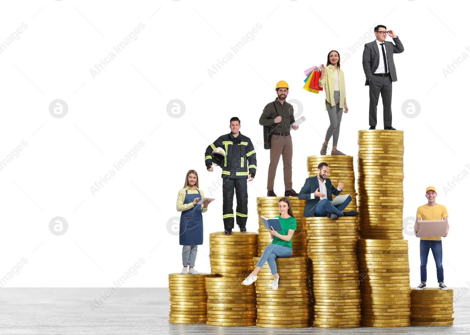 Image of People of various professions on stacks of coins of different height against white background