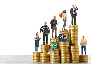 People of various professions on stacks of coins of different height against white background