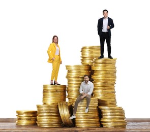 Image of People on stacks of coins of different height against white background, banner design