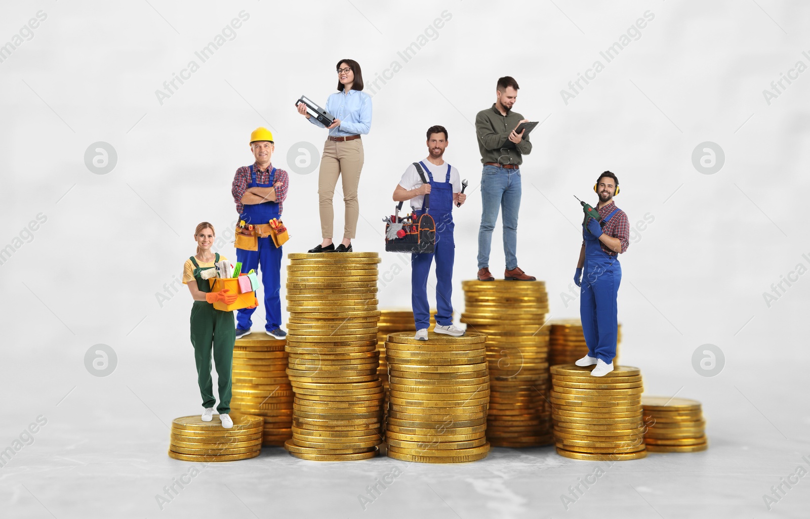 Image of People of various professions on stacks of coins of different height against white background