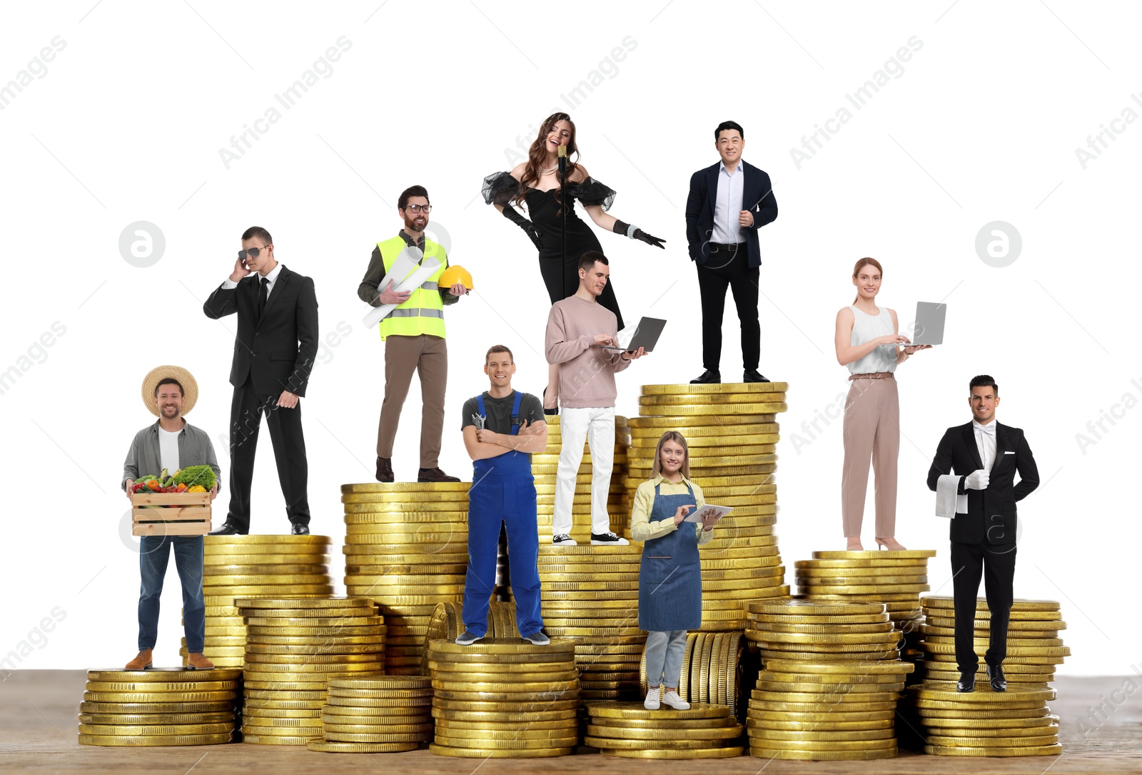 Image of People of various professions on stacks of coins of different height against white background