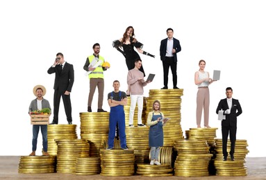 People of various professions on stacks of coins of different height against white background