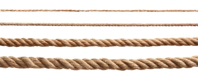 Ropes of different thickness isolated on white, set