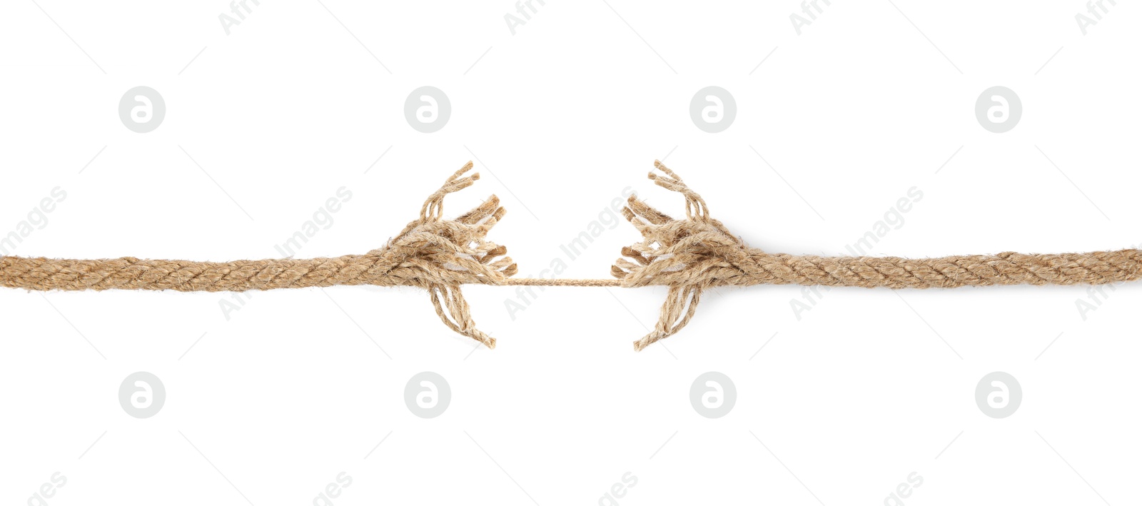 Image of One string connecting almost torn rope isolated on white