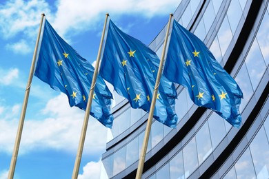 Image of Flags of European Union near building outdoors