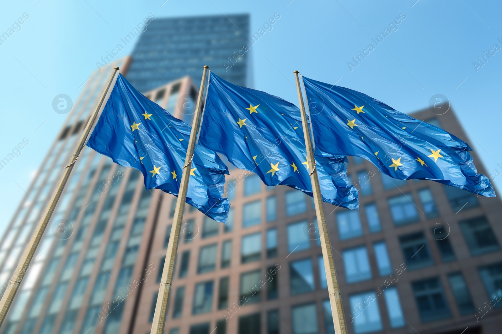 Image of Flags of European Union near building outdoors