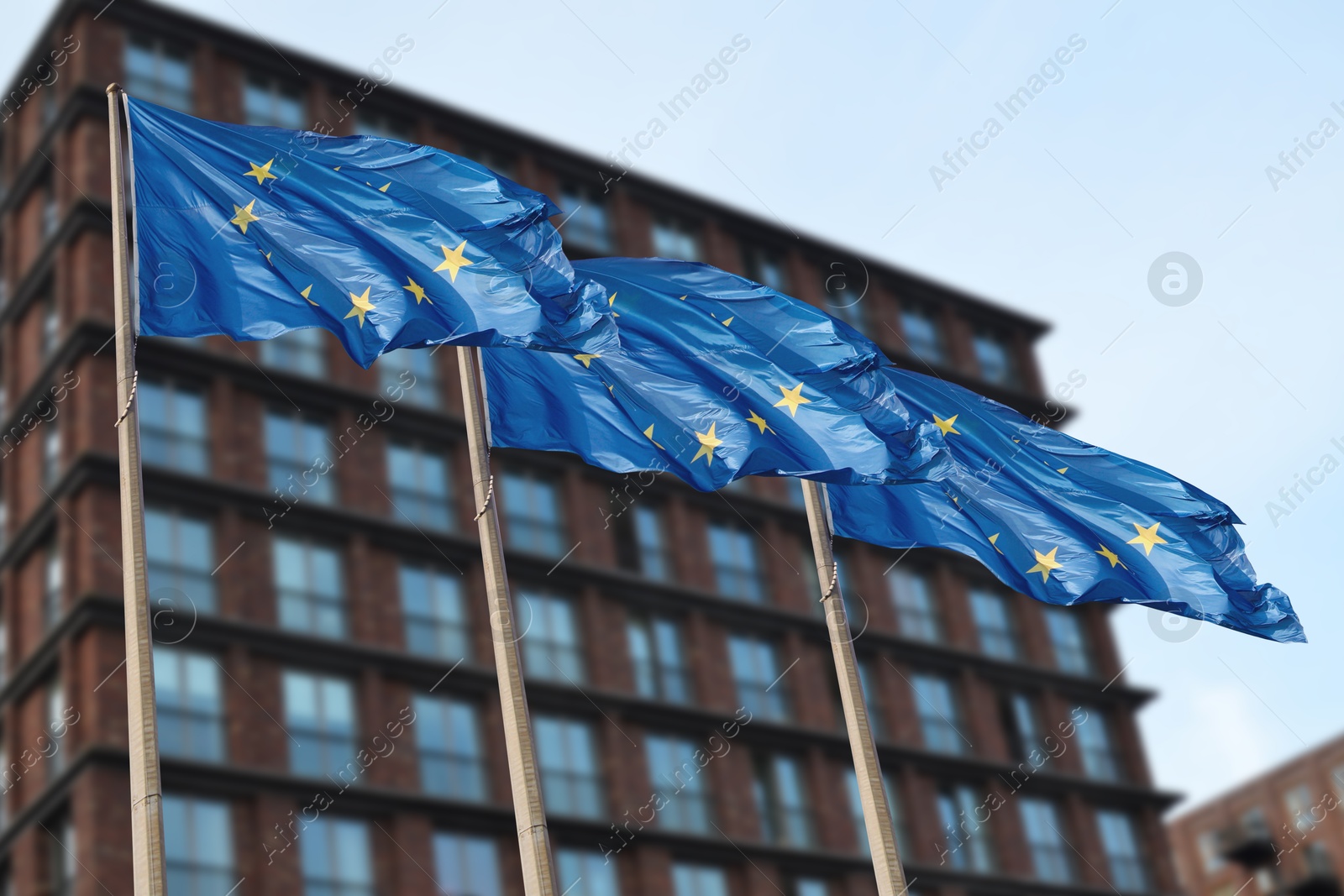 Image of Flags of European Union near building outdoors