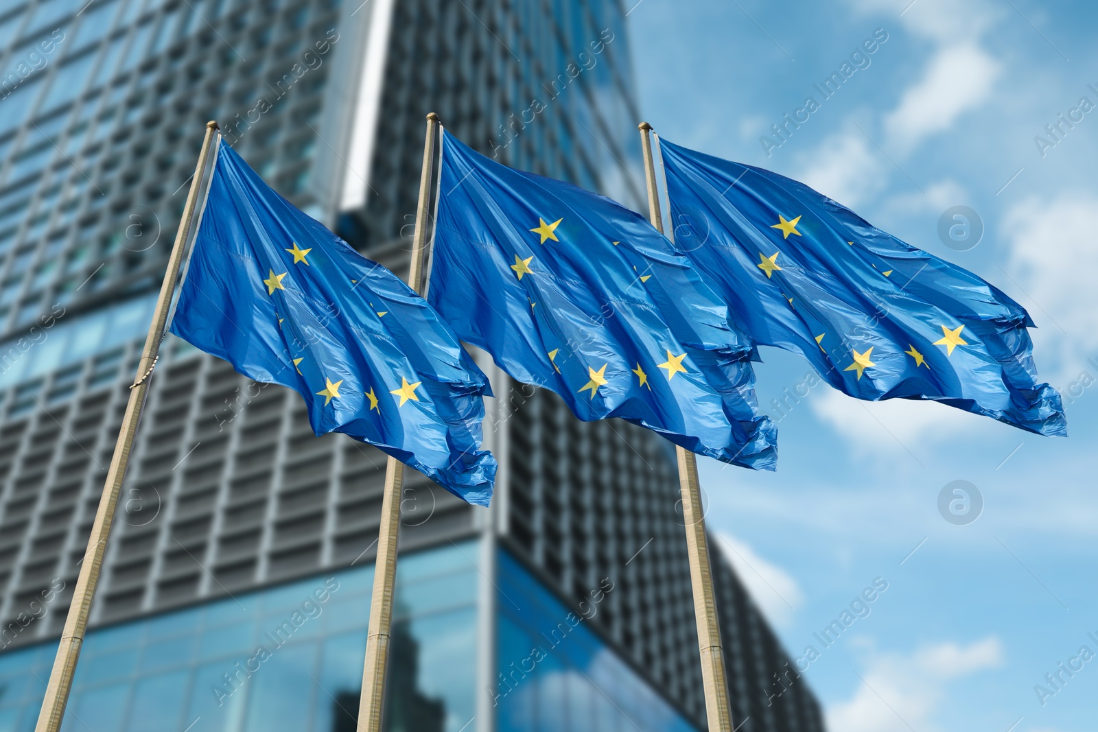 Image of Flags of European Union near building outdoors