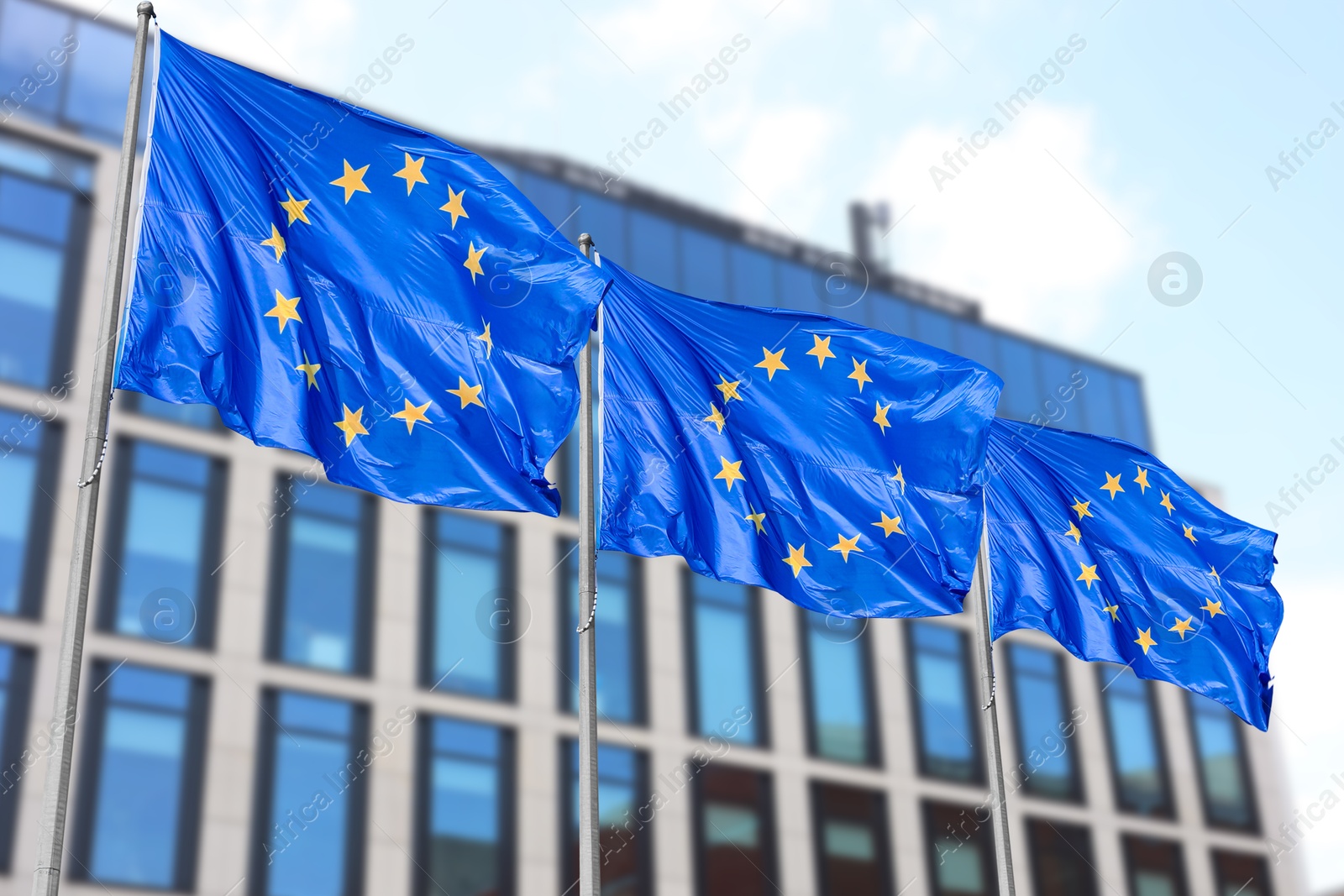 Image of Flags of European Union near building outdoors