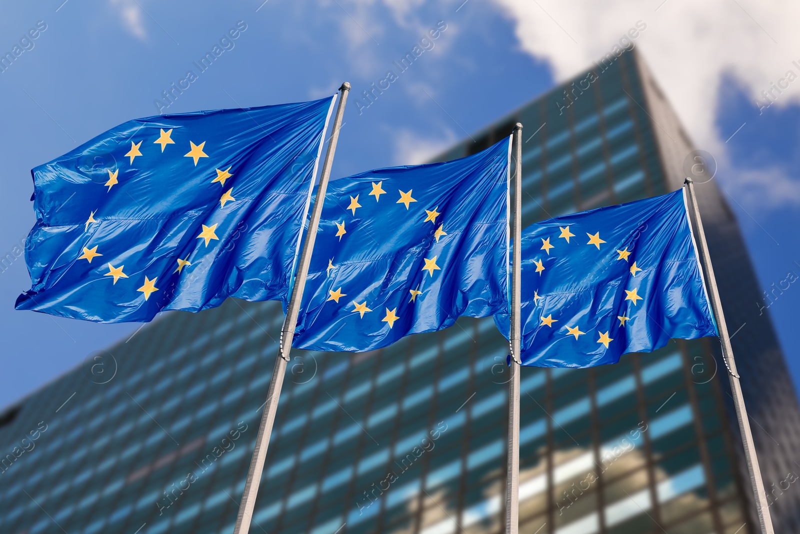 Image of Flags of European Union near building outdoors