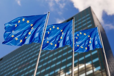 Flags of European Union near building outdoors